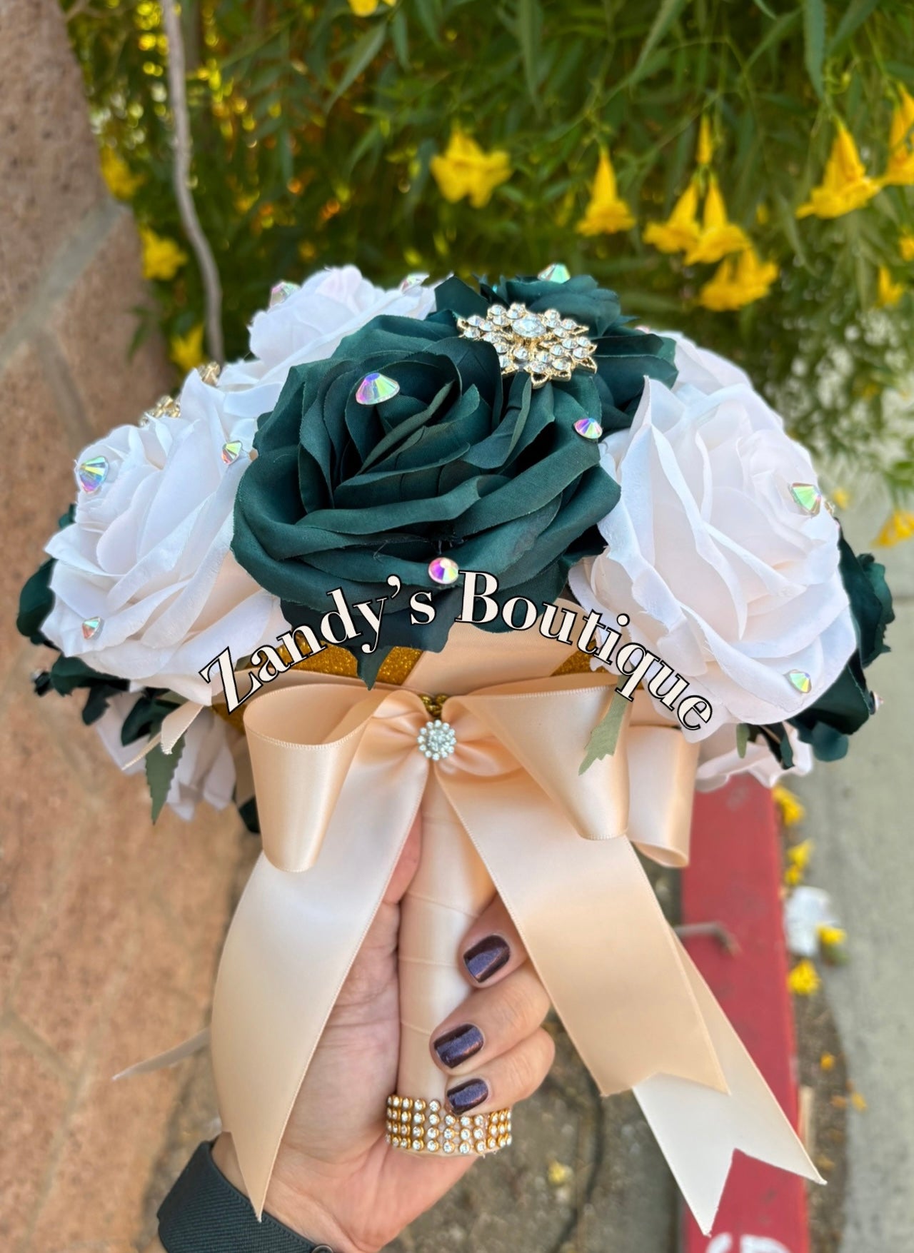 Dark Green With Cream Bouquet Along with Sparkly Gold Brooches Bouquet HGCR001 by MARINA'S CRAFT.