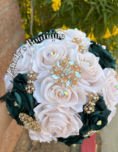 Dark Green With Cream Bouquet Along with Sparkly Gold Brooches Bouquet HGCR001 by MARINA'S CRAFT.