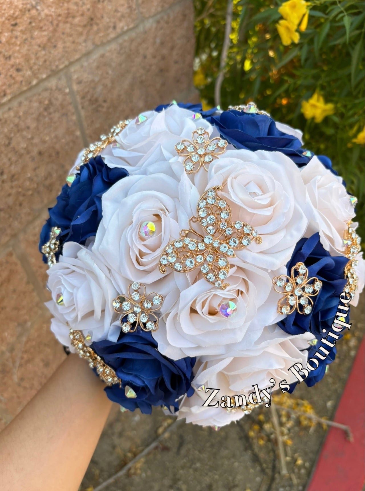 Cream and Royal Blue with Gold Butterfly Brooches Bouquet. CRRB029 by MARINA’S CRAFT.