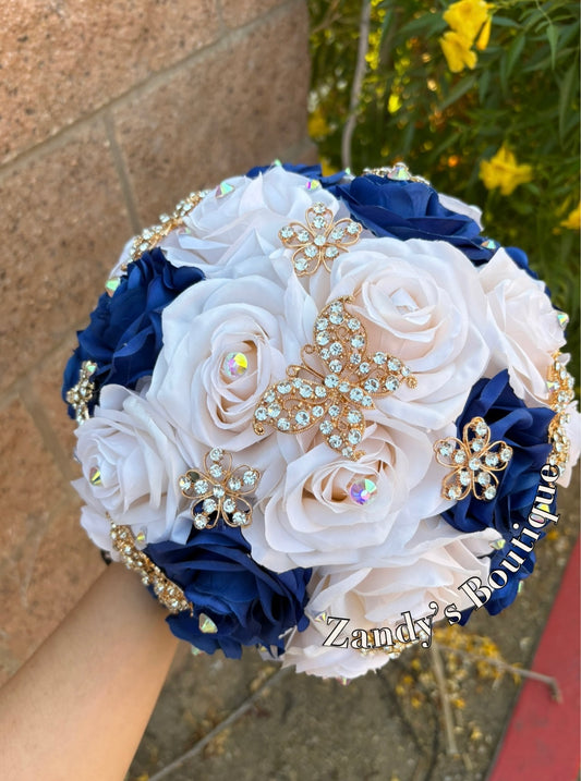 Cream and Royal Blue with Gold Butterfly Brooches Bouquet. CRRB029 by MARINA’S CRAFT.