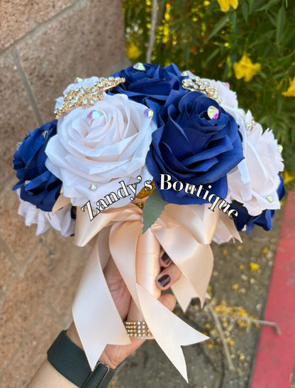 Cream and Royal Blue with Gold Butterfly Brooches Bouquet. CRRB029 by MARINA’S CRAFT.