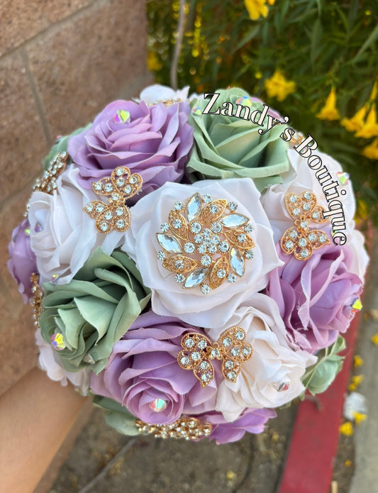 Sage, Lilac and Cream Bouquet Along with Sparkly Gold Brooches Bouquet SLCR006 by MARINA'S CRAFT.