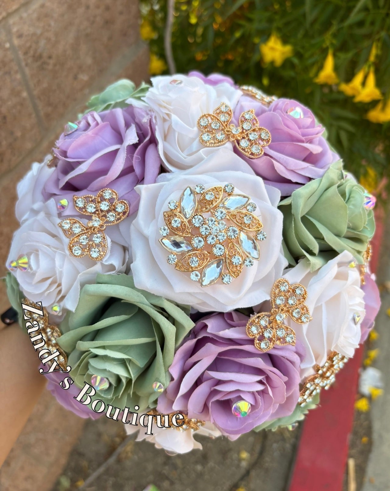 Sage, Lilac and Cream Bouquet Along with Sparkly Gold Brooches Bouquet SLCR006 by MARINA'S CRAFT.
