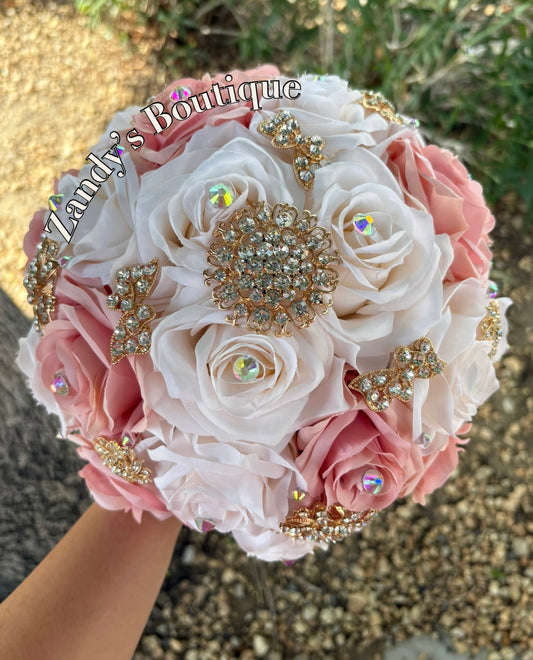 Cream and Blush with Gold Brooches Bouquet. CRBL026 by MARINA’S CRAFT.