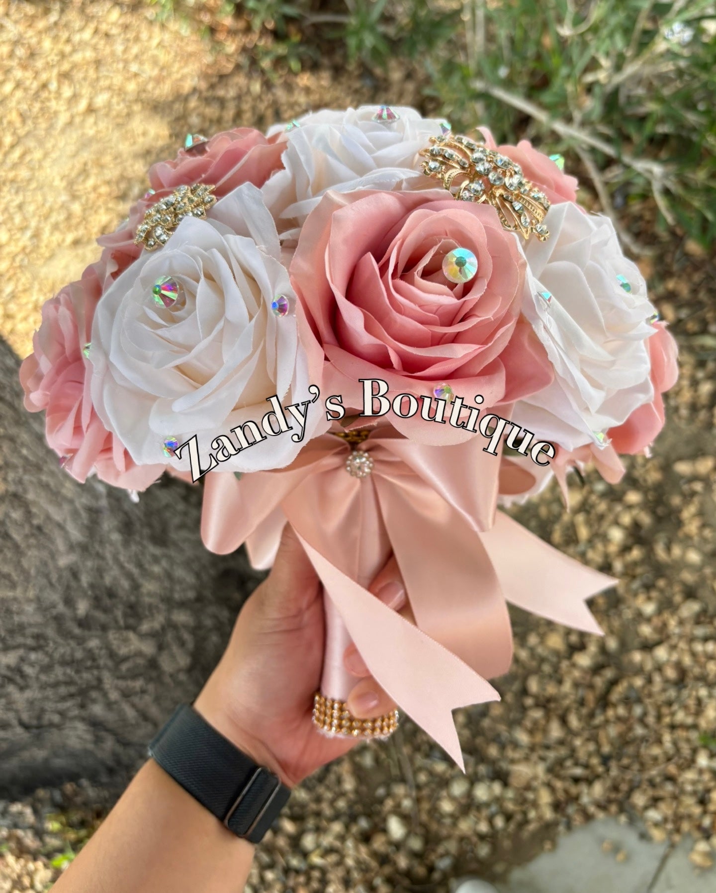 Cream and Blush with Gold Brooches Bouquet. CRBL026 by MARINA’S CRAFT.