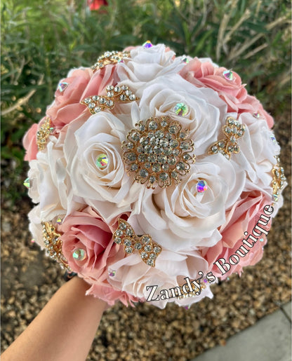 Cream and Blush with Gold Brooches Bouquet. CRBL026 by MARINA’S CRAFT.