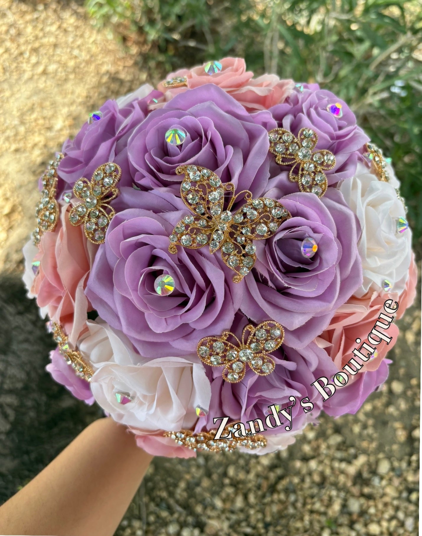 Lavender, Blush and Cream with Gold Butterfly Brooches Bouquet. LACRBL028 by MARINA’S CRAFT.