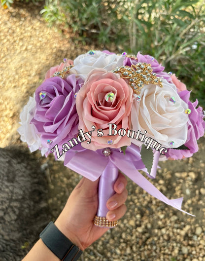 Lavender, Blush and Cream with Gold Butterfly Brooches Bouquet. LACRBL028 by MARINA’S CRAFT.