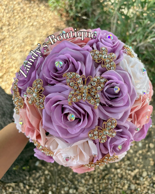Lavender, Blush and Cream with Gold Butterfly Brooches Bouquet. LACRBL028 by MARINA’S CRAFT.