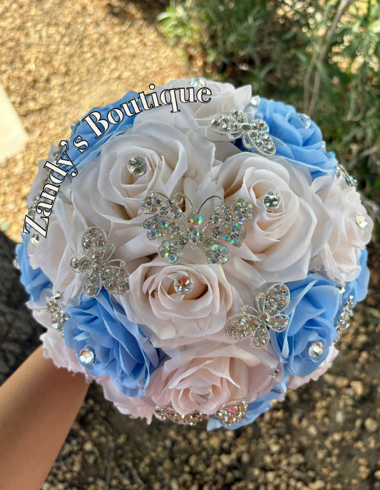 Light Blue and Cream with Silver Butterfly Brooches Bouquet. LBCR027 by MARINA’S CRAFT.