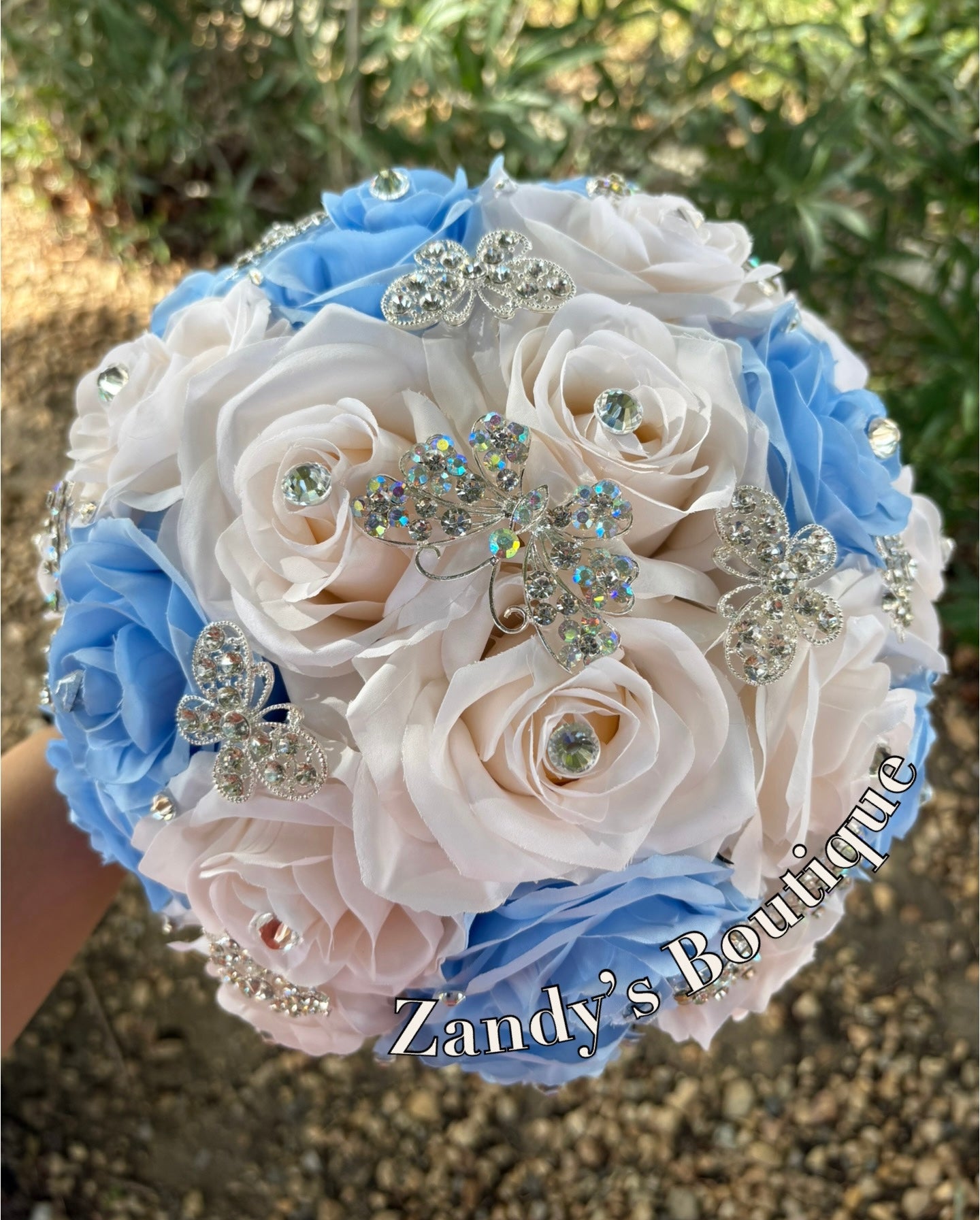 Light Blue and Cream with Silver Butterfly Brooches Bouquet. LBCR027 by MARINA’S CRAFT.