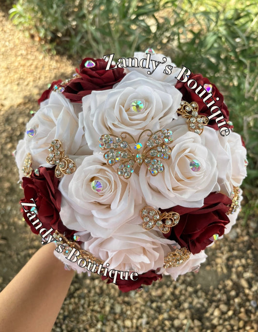 Cream and Burgundy with Gold Butterfly Brooches. CRBY046 by MARINA’S CRAFT.