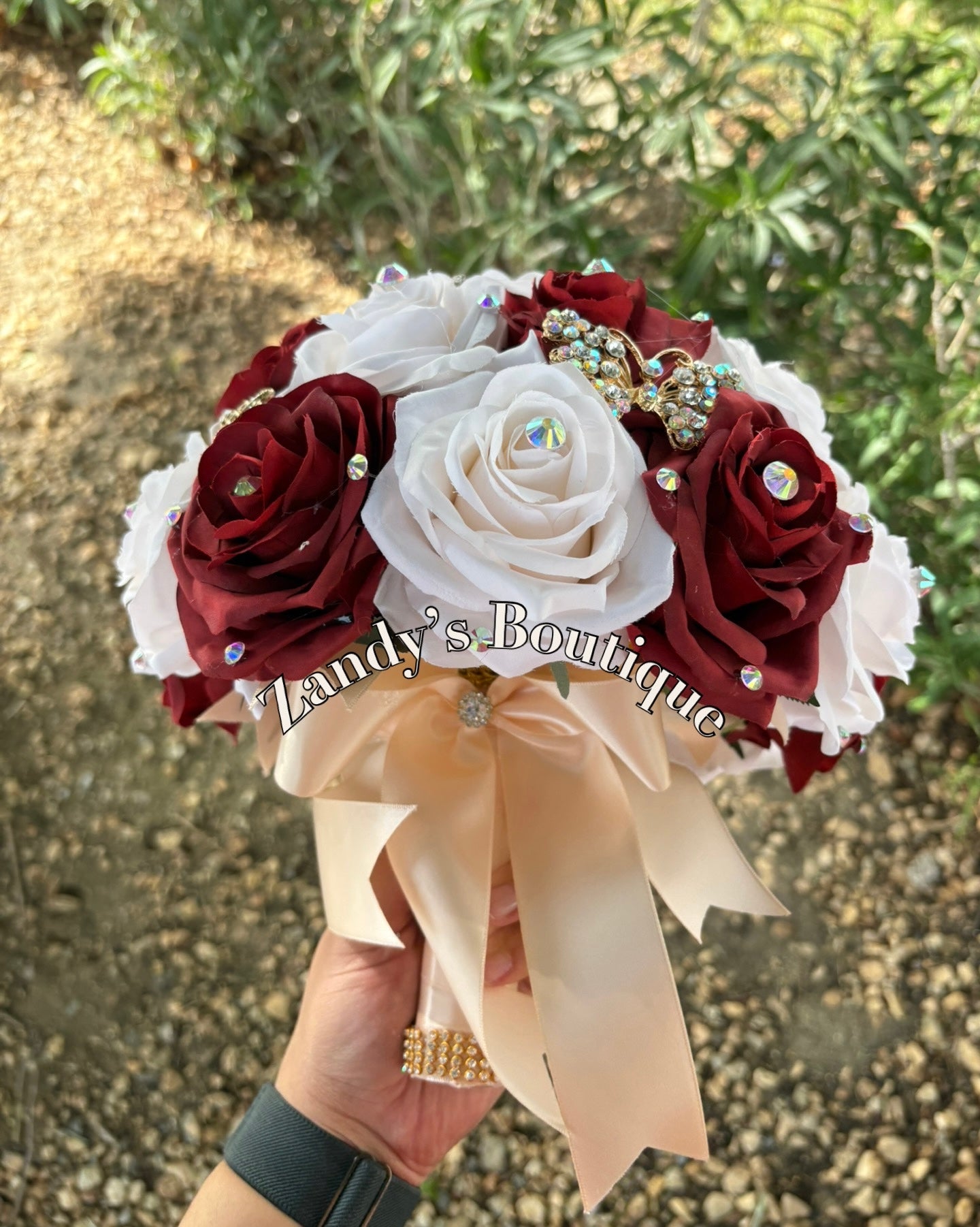 Cream and Burgundy with Gold Butterfly Brooches. CRBY046 by MARINA’S CRAFT.