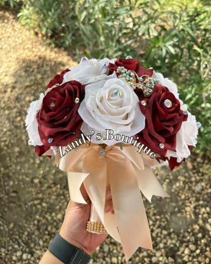Cream and Burgundy with Gold Butterfly Brooches. CRBY046 by MARINA’S CRAFT.