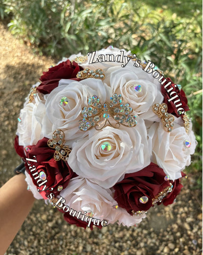 Cream and Burgundy with Gold Butterfly Brooches. CRBY046 by MARINA’S CRAFT.