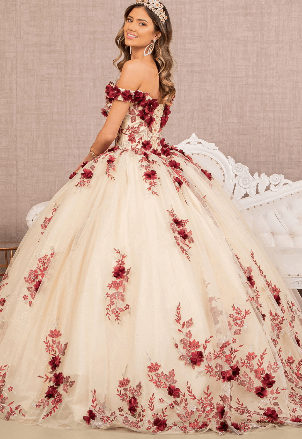 3D Flower Quinceañera Gown off shoulder. Gl3105(GLS) by Elizabeth K
