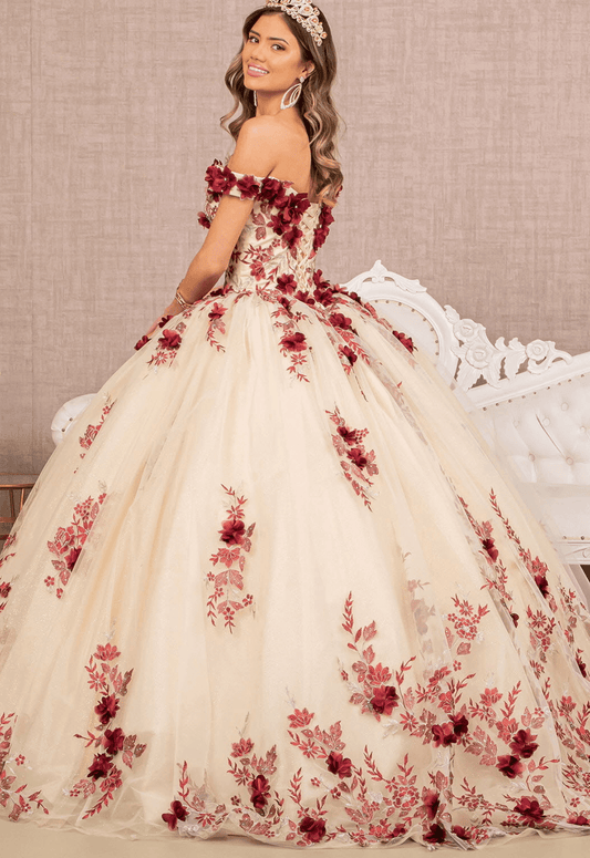 3D Flower Quinceañera Gown off shoulder. Gl3105(GLS) by Elizabeth K