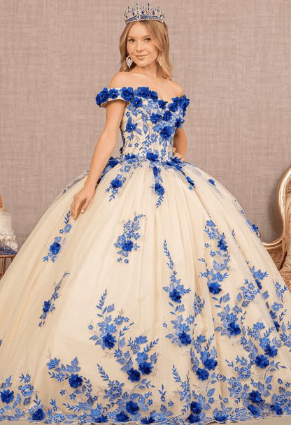 3D Flower Quinceañera Gown off shoulder. Gl3105(GLS) by Elizabeth K