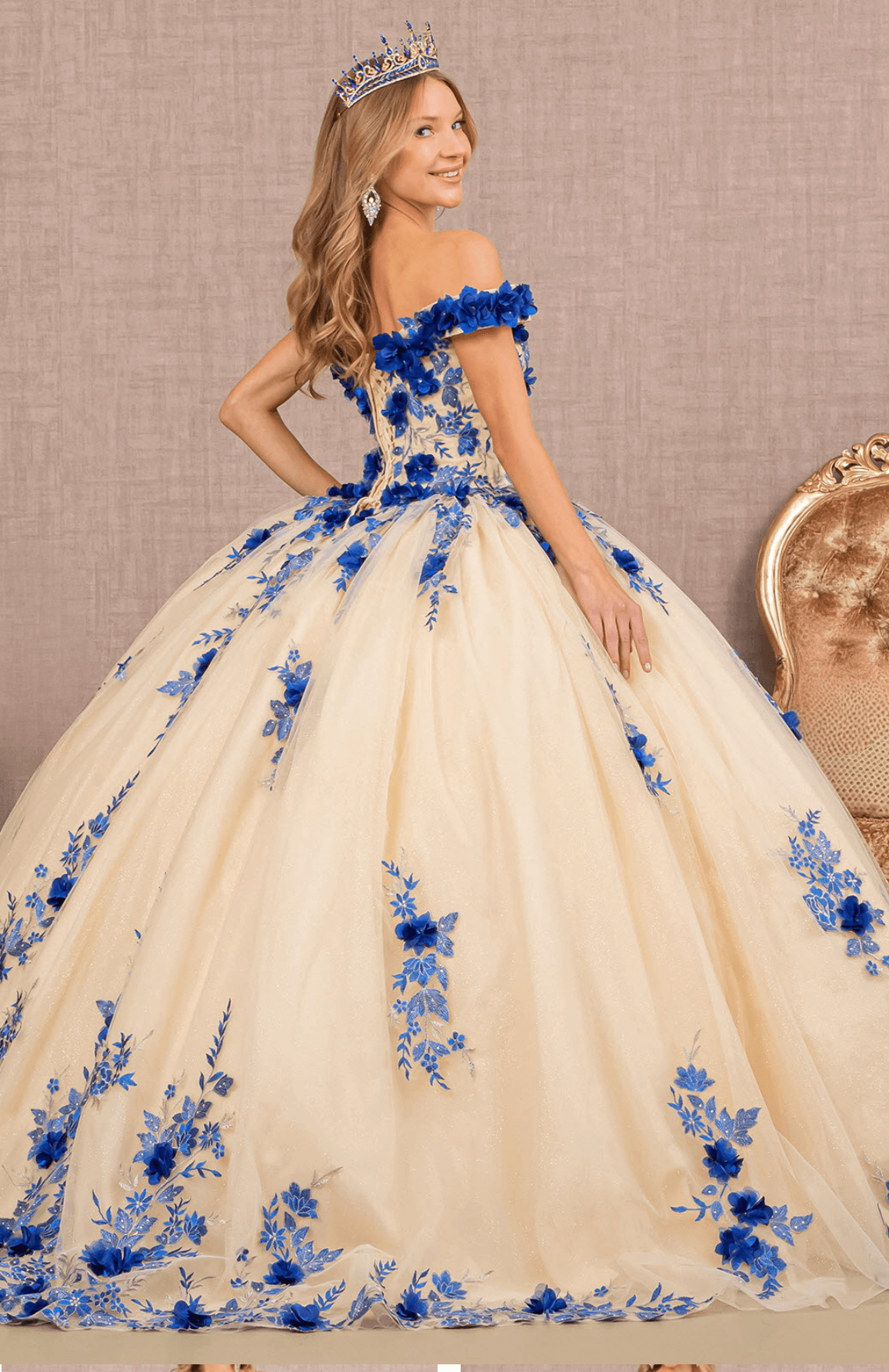 3D Flower Quinceañera Gown off shoulder. Gl3105(GLS) by Elizabeth K