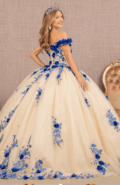 3D Flower Quinceañera Gown off shoulder. Gl3105(GLS) by Elizabeth K