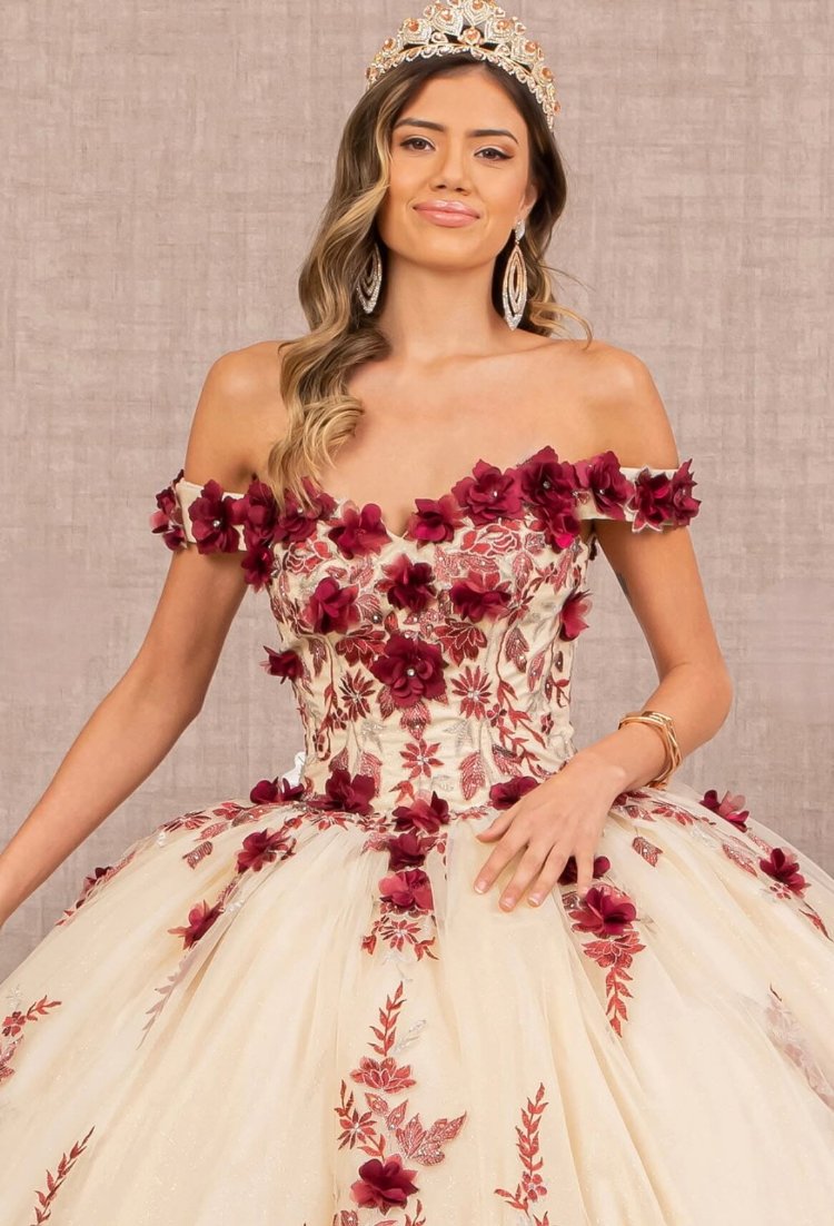 3D Flower Quinceañera Gown off shoulder. Gl3105(GLS) by Elizabeth K