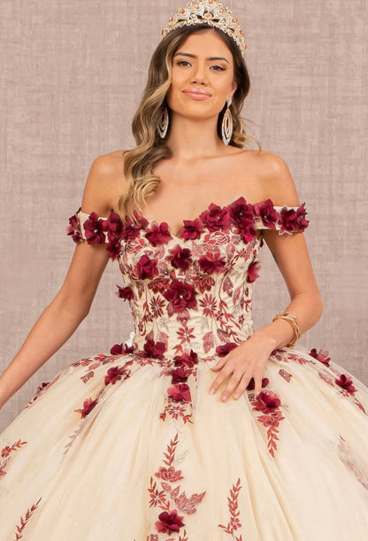 3D Flower Quinceañera Gown off shoulder. Gl3105(GLS) by Elizabeth K
