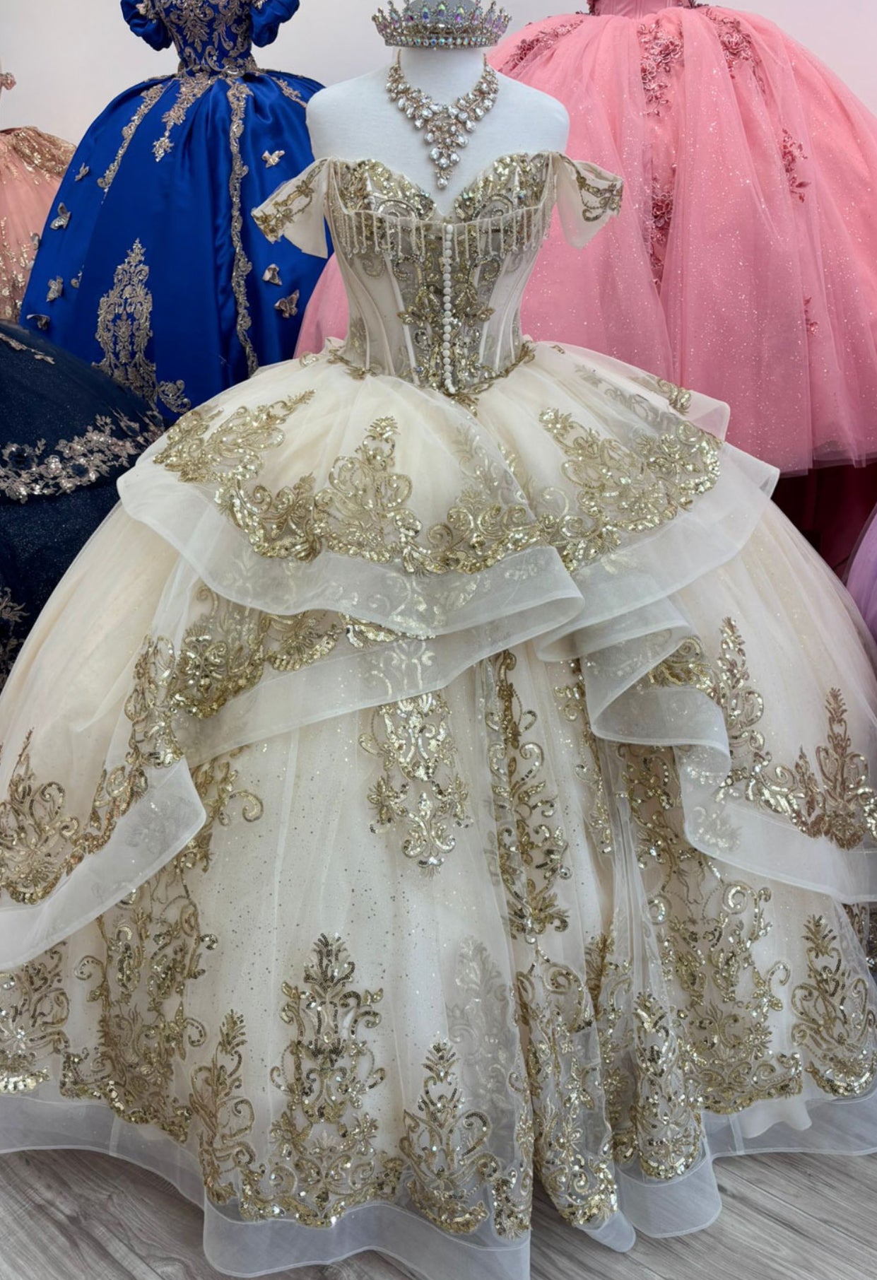 Long Train Embroidered Quince Dress. PQ1074 BY Bella couture.