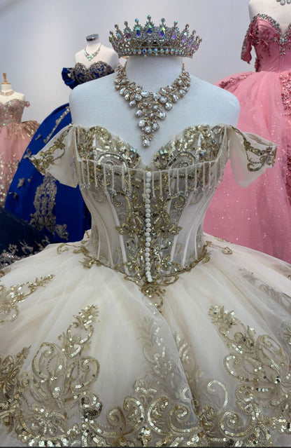 Long Train Embroidered Quince Dress. PQ1074 BY Bella couture.