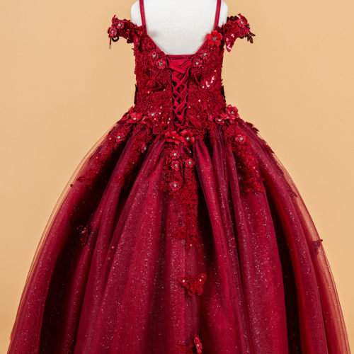 3D Flower and Butterfly Applique Cold Shoulder Embellished V-Neck Kids Dress GK117 GLS BY ELIZABETH K