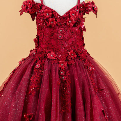 3D Flower and Butterfly Applique Cold Shoulder Embellished V-Neck Kids Dress GK117 GLS BY ELIZABETH K