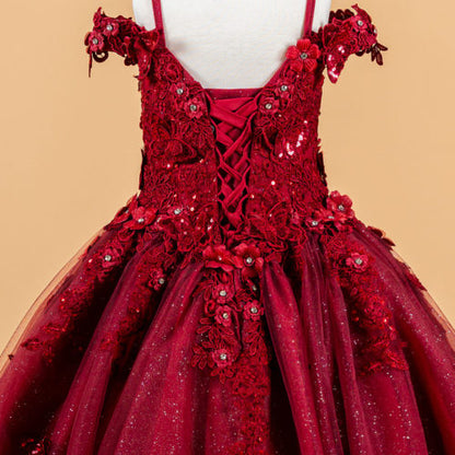 3D Flower and Butterfly Applique Cold Shoulder Embellished V-Neck Kids Dress GK117 GLS BY ELIZABETH K