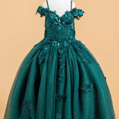 3D Flower and Butterfly Applique Cold Shoulder Embellished V-Neck Kids Dress GK117 GLS BY ELIZABETH K