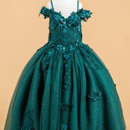 3D Flower and Butterfly Applique Cold Shoulder Embellished V-Neck Kids Dress GK117 GLS BY ELIZABETH K