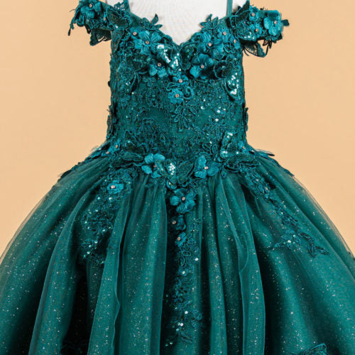 3D Flower and Butterfly Applique Cold Shoulder Embellished V-Neck Kids Dress GK117 GLS BY ELIZABETH K