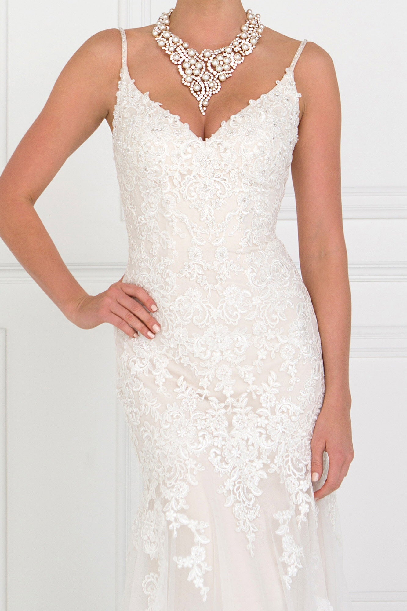 Long Dress With Lace Applique This beautiful lace wedding gown BY GLORIA GLS BY GLORIA
