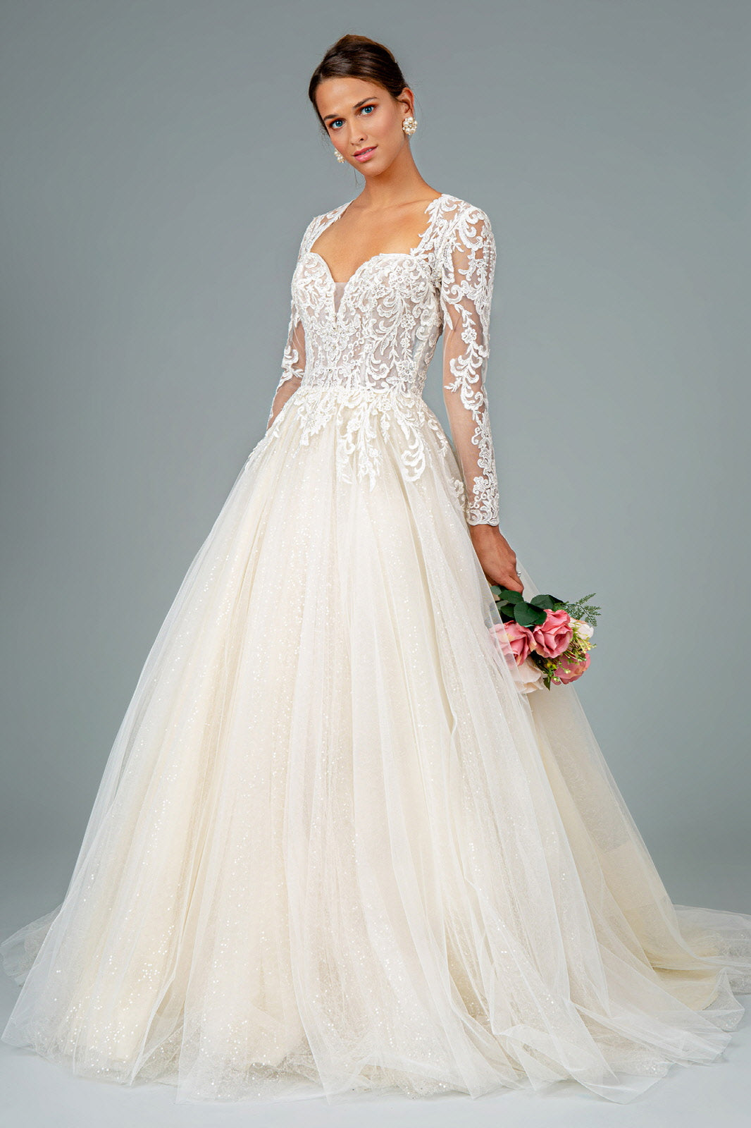 Illusion V-Neck Embroidered Mesh Wedding Gown w/ Sequin Lining. GL1804 GLS  BY GLORIA