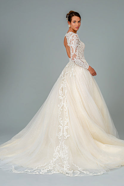 Illusion V-Neck Embroidered Mesh Wedding Gown w/ Sequin Lining. GL1804 GLS  BY GLORIA