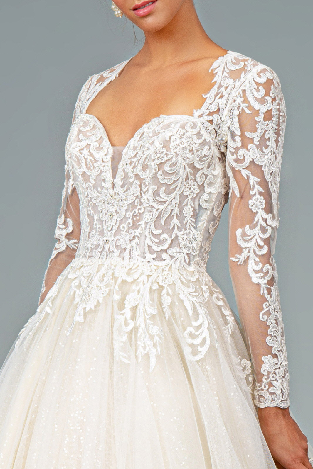 Illusion V-Neck Embroidered Mesh Wedding Gown w/ Sequin Lining. GL1804 GLS  BY GLORIA