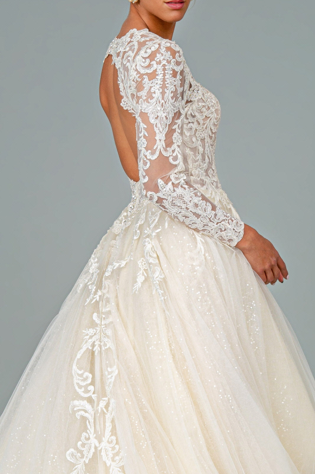 Illusion V-Neck Embroidered Mesh Wedding Gown w/ Sequin Lining. GL1804 GLS  BY GLORIA