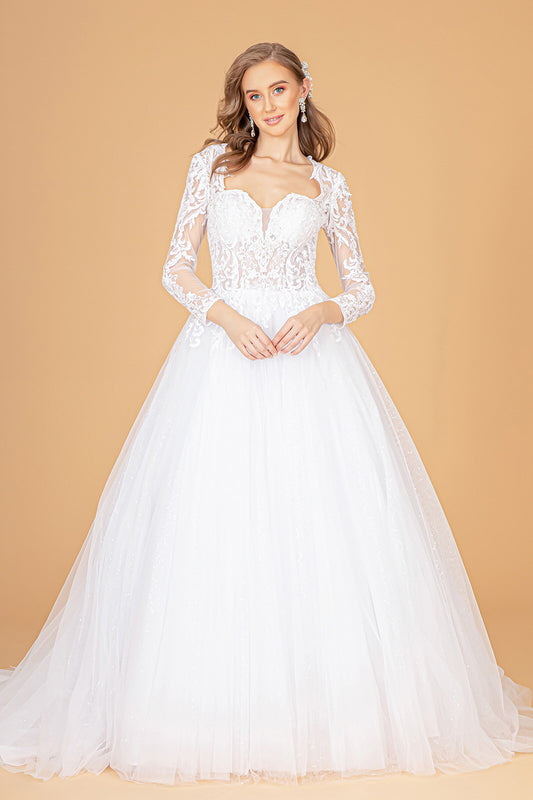 Illusion V-Neck Embroidered Mesh Wedding Gown w/ Sequin Lining. GL1804 GLS  BY GLORIA