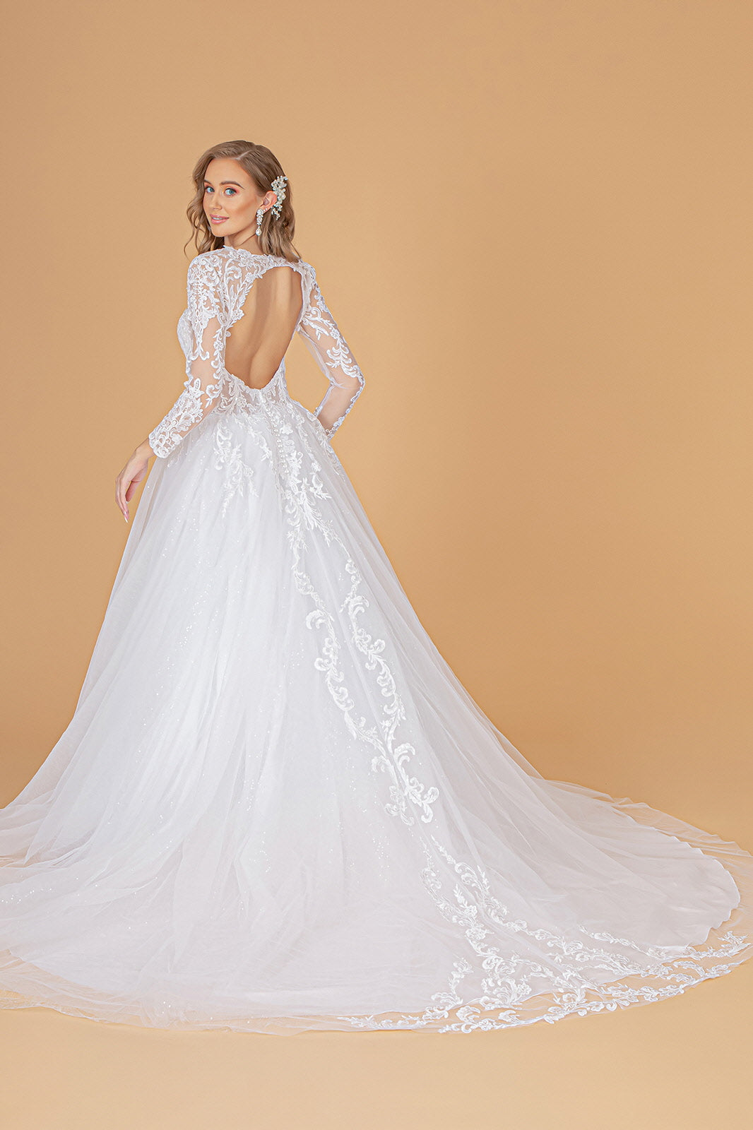 Illusion V-Neck Embroidered Mesh Wedding Gown w/ Sequin Lining. GL1804 GLS  BY GLORIA