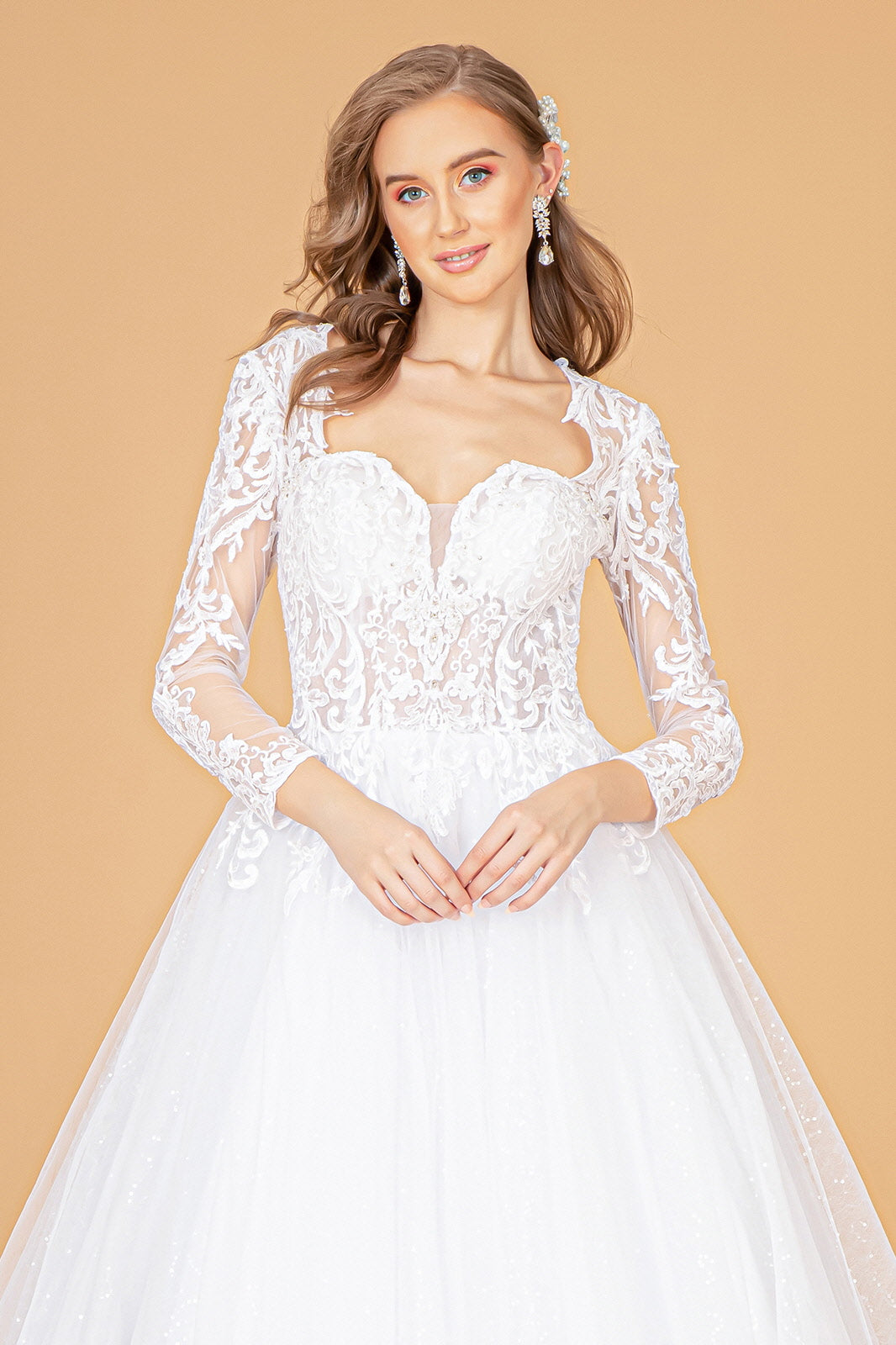 Illusion V-Neck Embroidered Mesh Wedding Gown w/ Sequin Lining. GL1804 GLS  BY GLORIA
