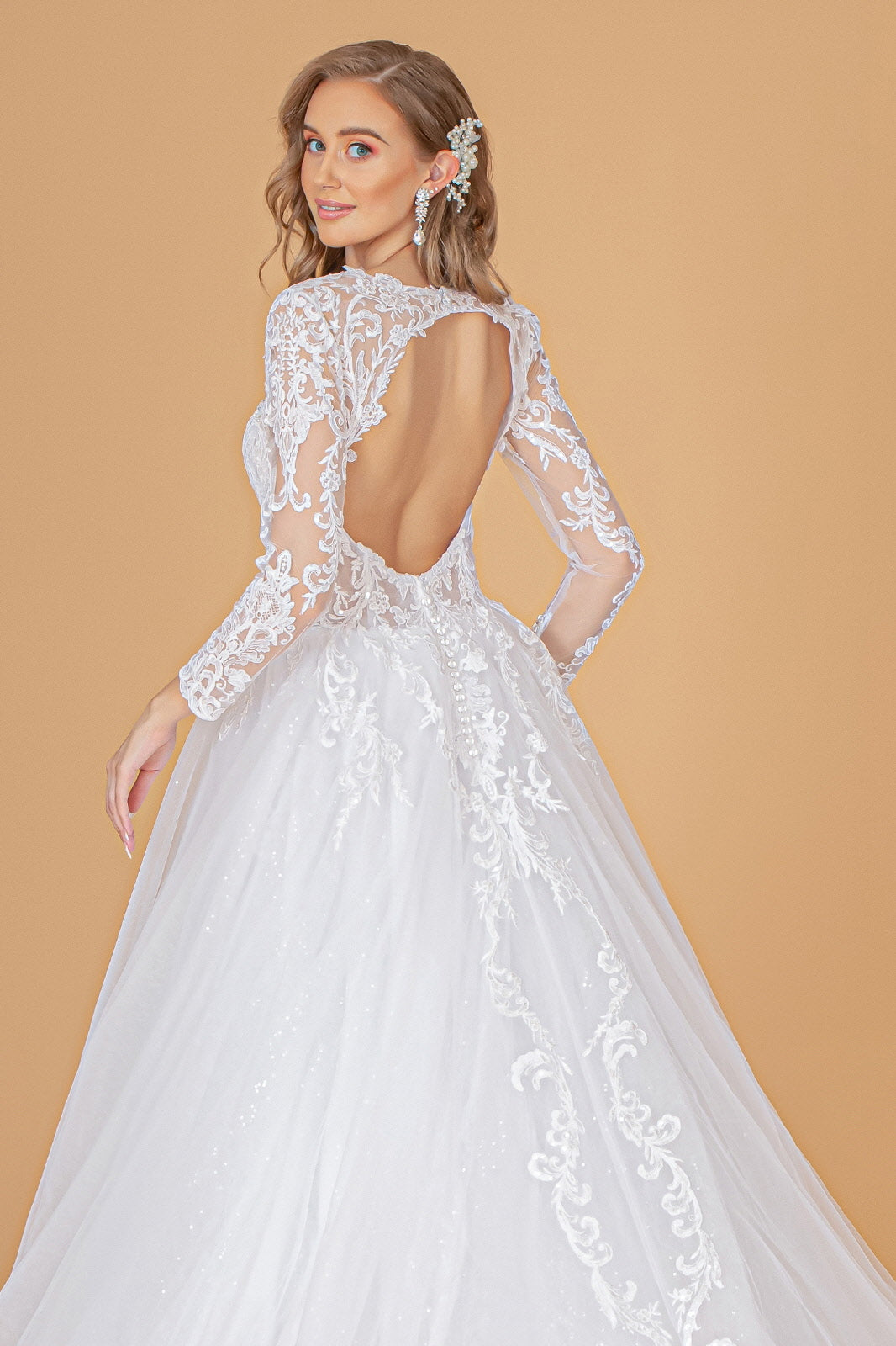 Illusion V-Neck Embroidered Mesh Wedding Gown w/ Sequin Lining. GL1804 GLS  BY GLORIA