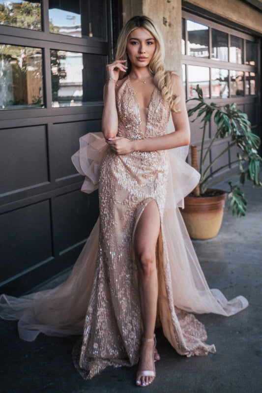 Jewel Embellished Mesh Mermaid Dress w/ Side Slit and Detached Mesh Layer GL3003 GLS BY GLORIA