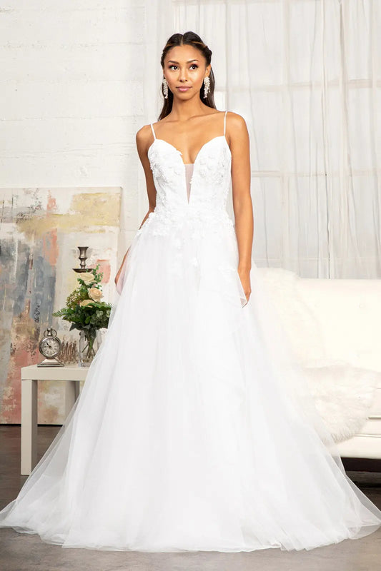 Embroidery & 3D Floral Applique Embellished V-Neck Mesh Wedding Dress. GL3013 GLS  BY GLORIA