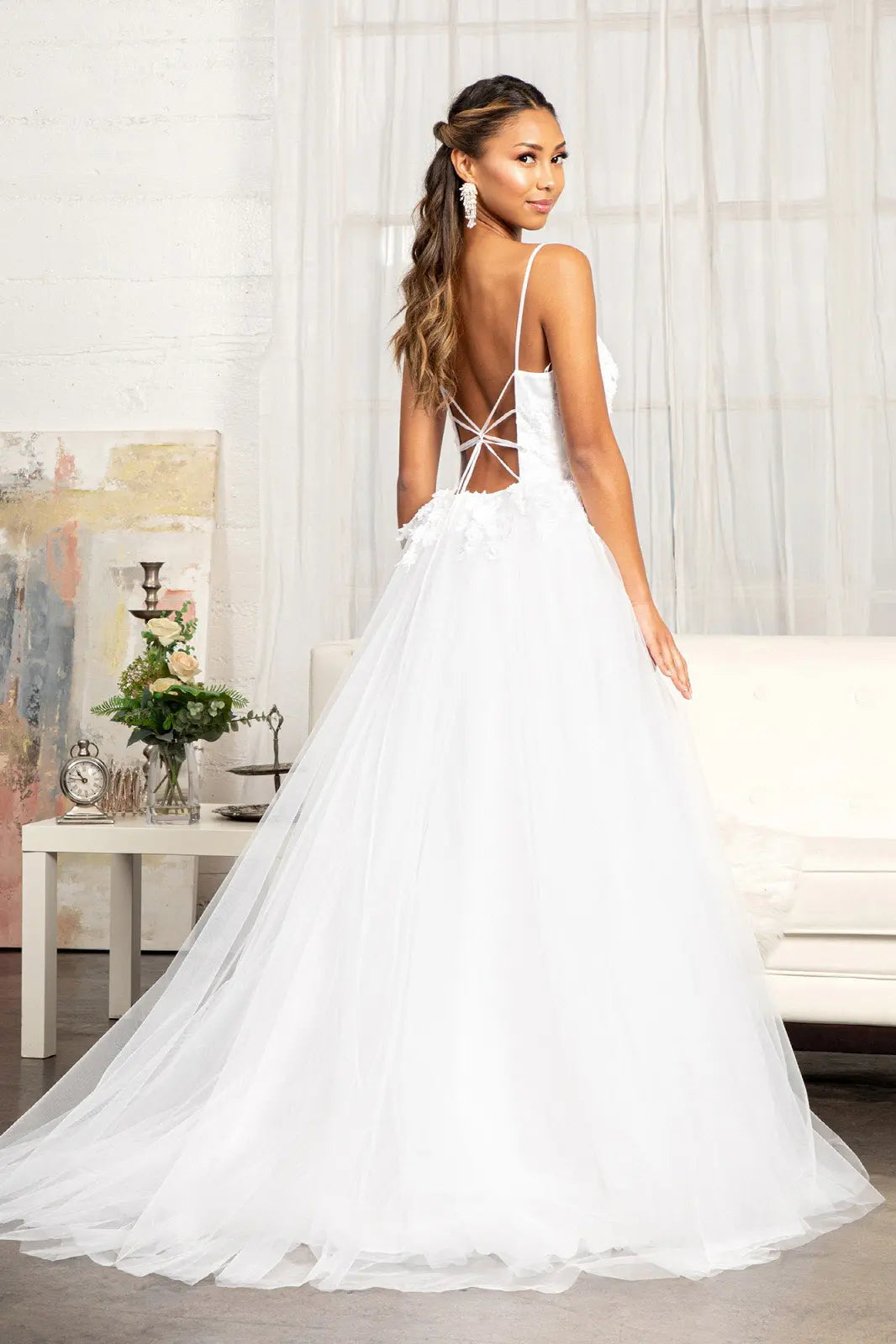 Embroidery & 3D Floral Applique Embellished V-Neck Mesh Wedding Dress. GL3013 GLS  BY GLORIA