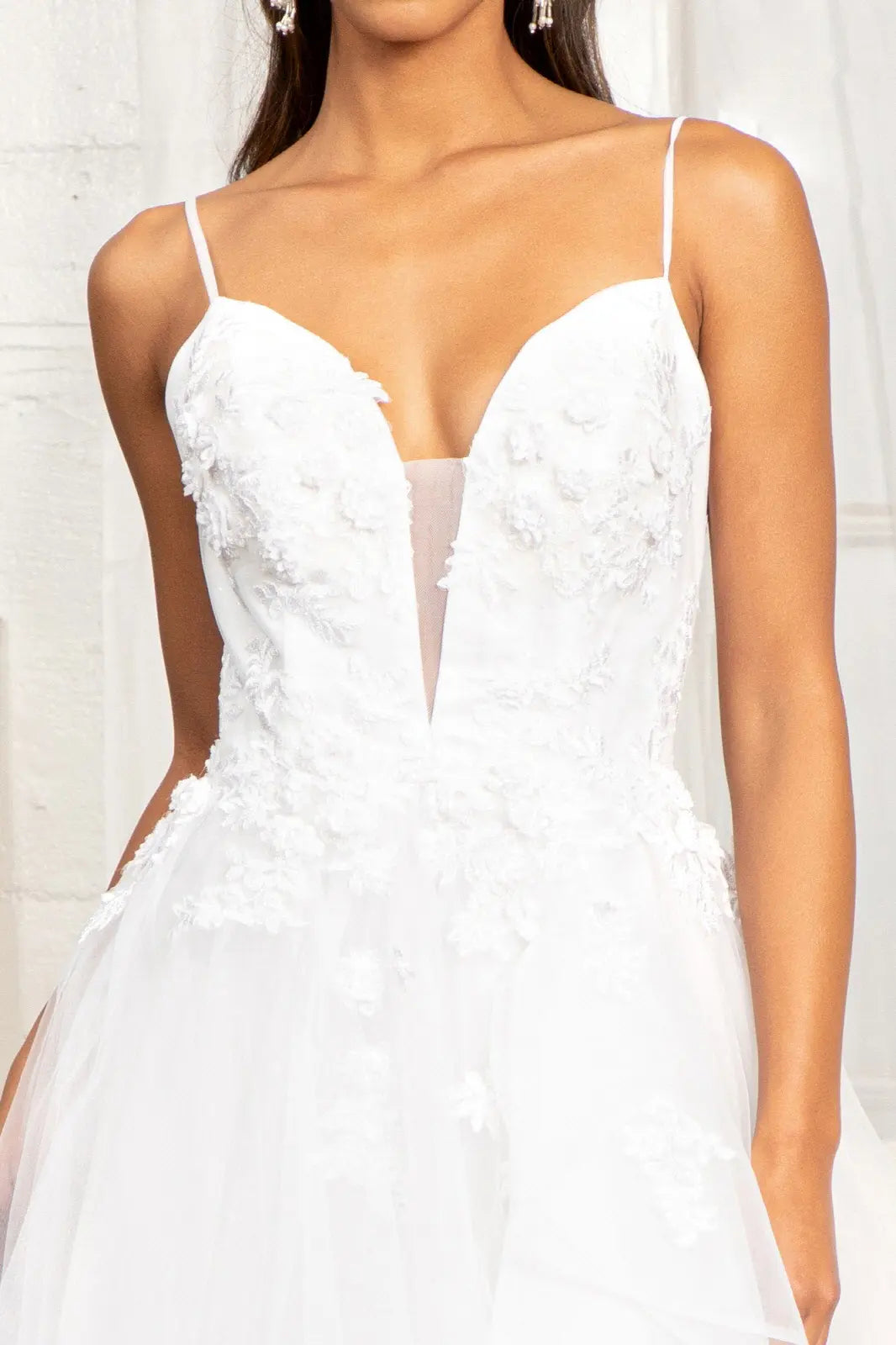 Embroidery & 3D Floral Applique Embellished V-Neck Mesh Wedding Dress. GL3013 GLS  BY GLORIA