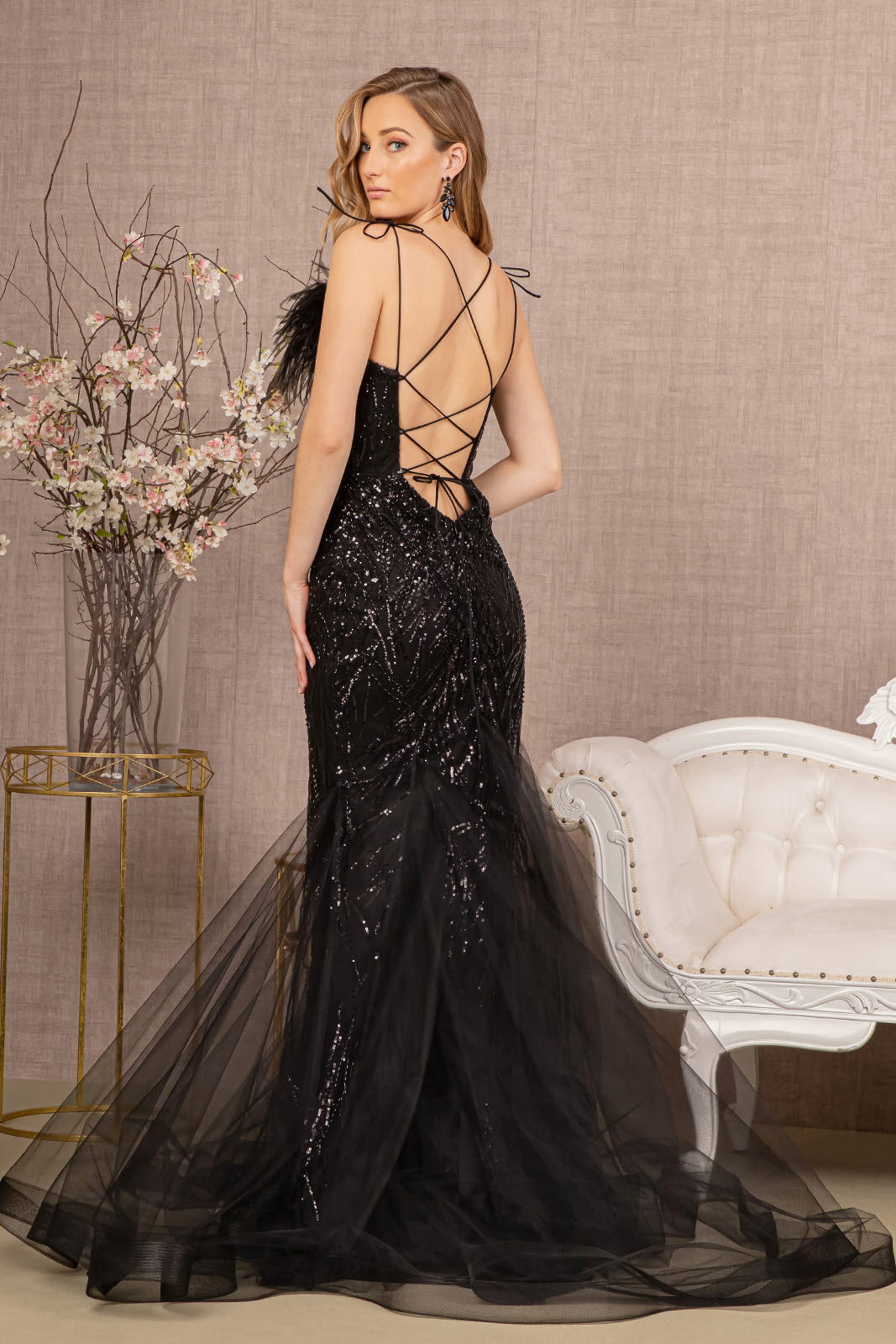 Sequin Sweetheart Mesh Trumpet Dress w/ Feather Embellishment GL3117 GLS BY GLORIA