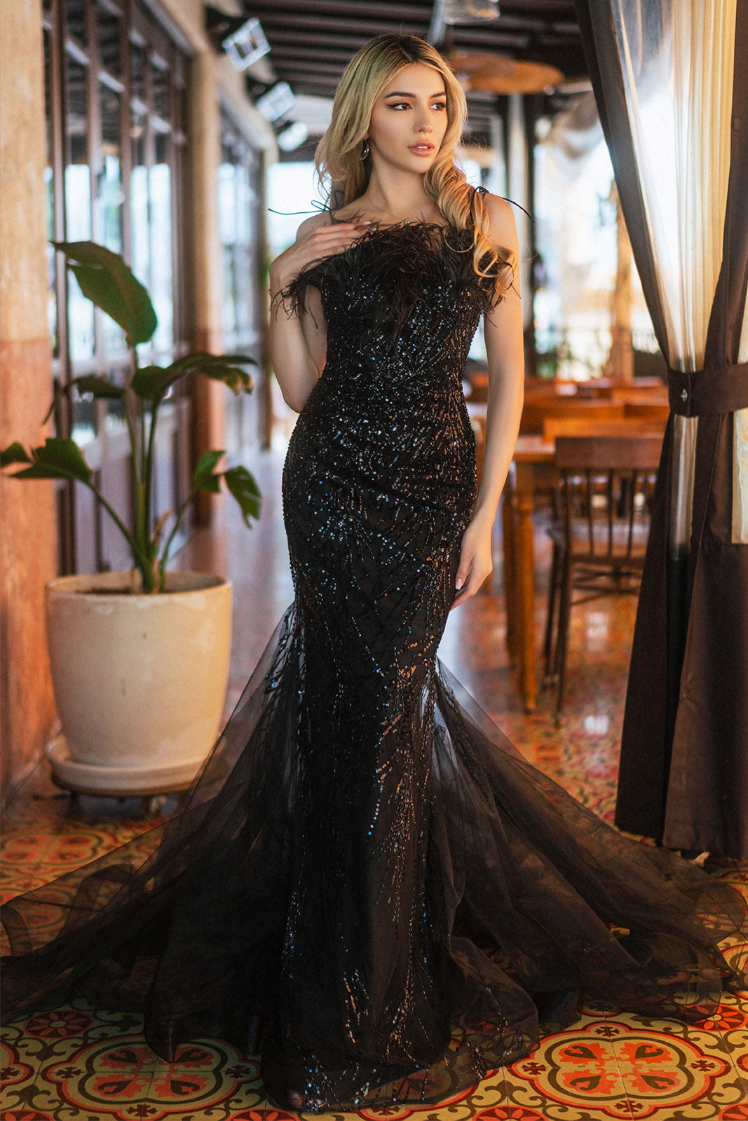 Sequin Sweetheart Mesh Trumpet Dress w/ Feather Embellishment GL3117 GLS BY GLORIA