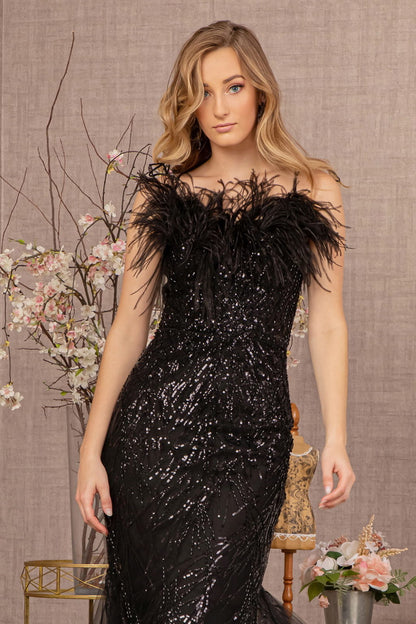 Sequin Sweetheart Mesh Trumpet Dress w/ Feather Embellishment GL3117 GLS BY GLORIA